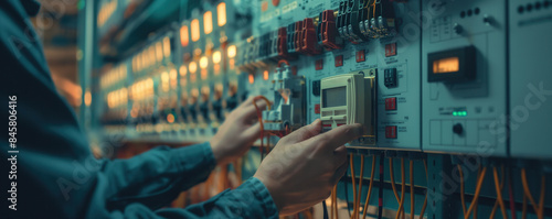 Engineers hand holding an AC voltmeter top view checking electric current voltage circuit breaker terminal cable wiring main power distribution board advanced