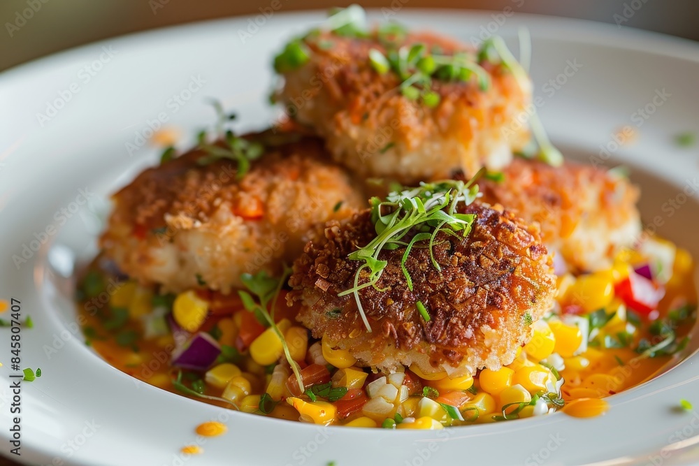 Fototapeta premium Crab cakes with corn relish and sauce