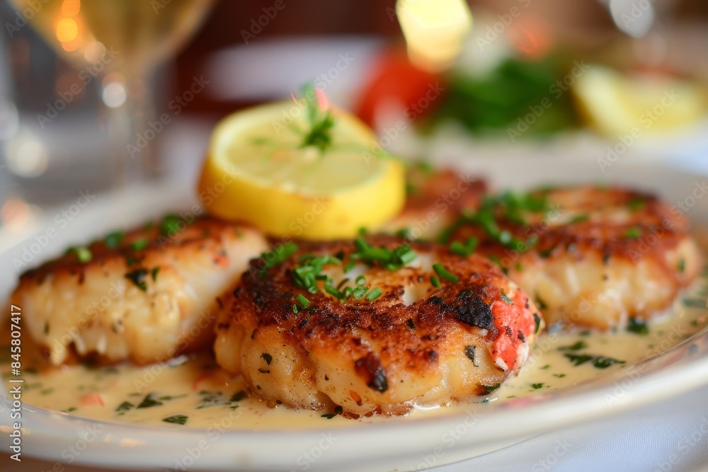 crab cakes with lemon garnish crab cakes with lemon garnish