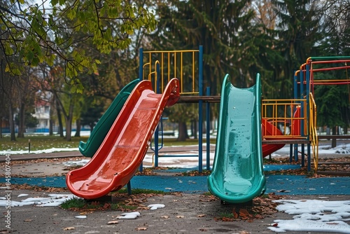 Two colorful playground slides appear wet, as if after rainfall, in an empty park with scant snow photo