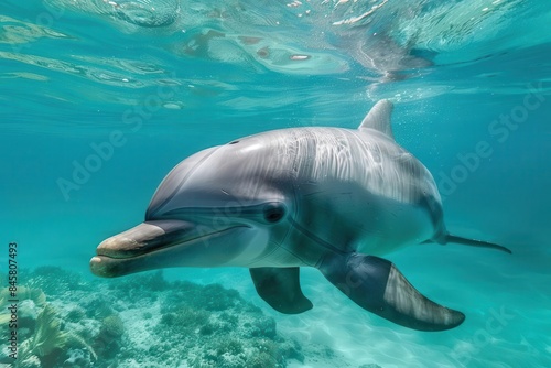 closeup of atlantic bottlenose dolphin swimming in blue ocean water marine wildlife photography © Jelena