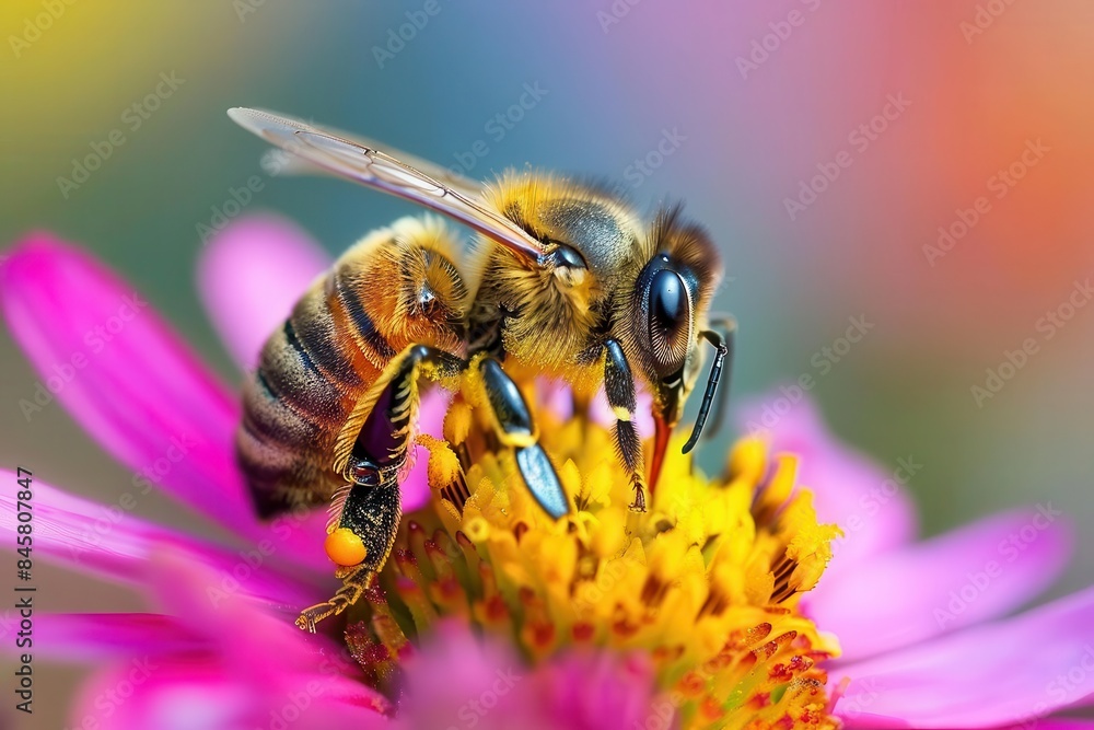 closeup of honey bee collecting pollen from colorful flower macro photography closeup of honey bee collecting pollen from colorful flower macro photography