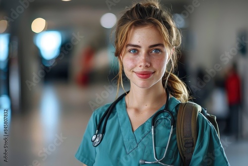 A young healthcare worker in medical scrubs smiling in a hospital corridor with a backpack