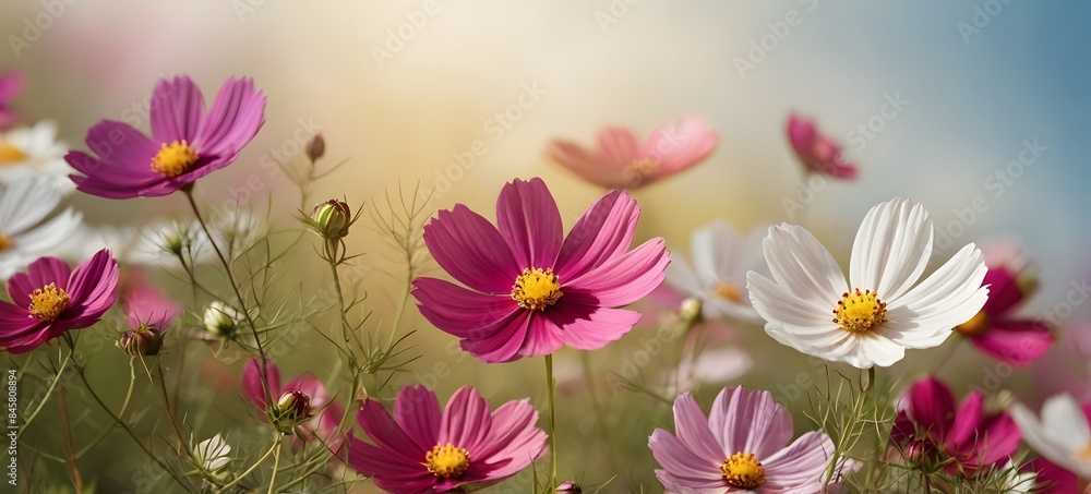 beautiful cosmos flowers in a meadow. Summer, spring nature background beautiful cosmos flowers in a meadow. Summer, spring nature background