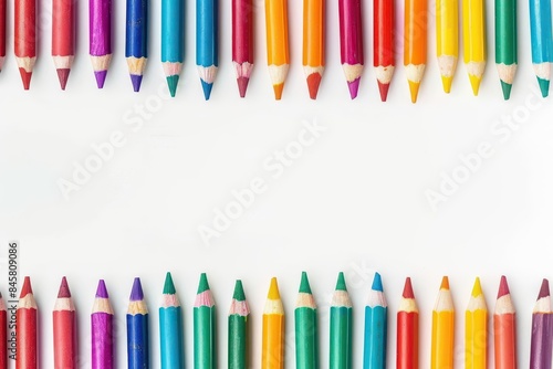 colorful crayons in long rows on white background education supplies border