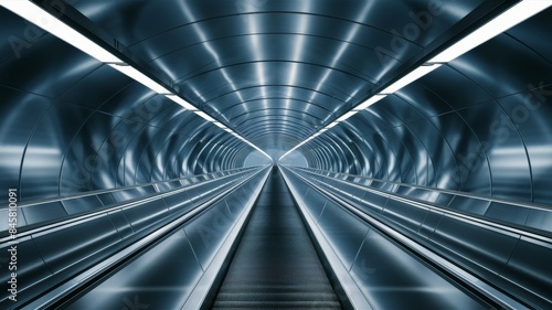 Escalator in a sleek, futuristic tunnel with symmetrical lines and blue tones. highlights modern transportation, urban design, and architectural aesthetics. © tilialucida