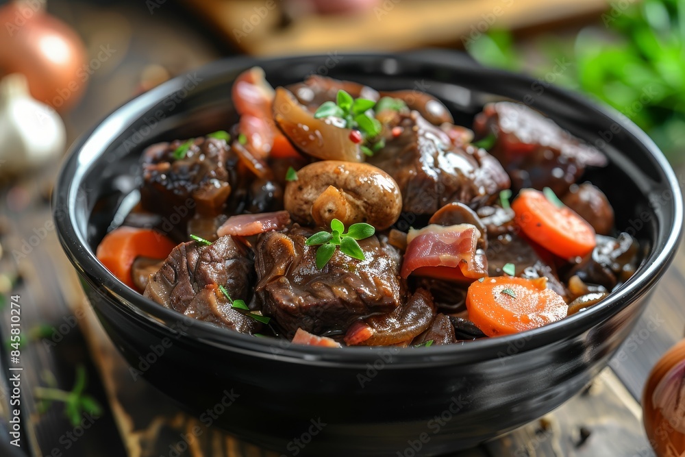 Close up of Beef Bourguignon in black bowl on wooden table Close up of Beef Bourguignon in black bowl on wooden table