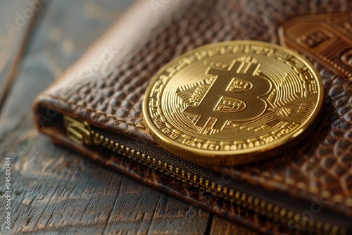 Close up of Bitcoin gold coins with wallet representing virtual currency photo