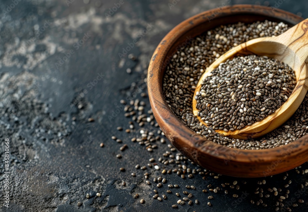 Close up of Chia seeds in wooden spoon on table Text space