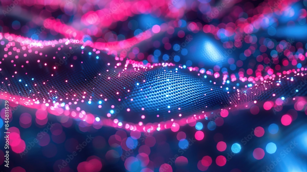 Abstract digital of sparkling blue and pink nodes on a grid Abstract digital of sparkling blue and pink nodes on a grid