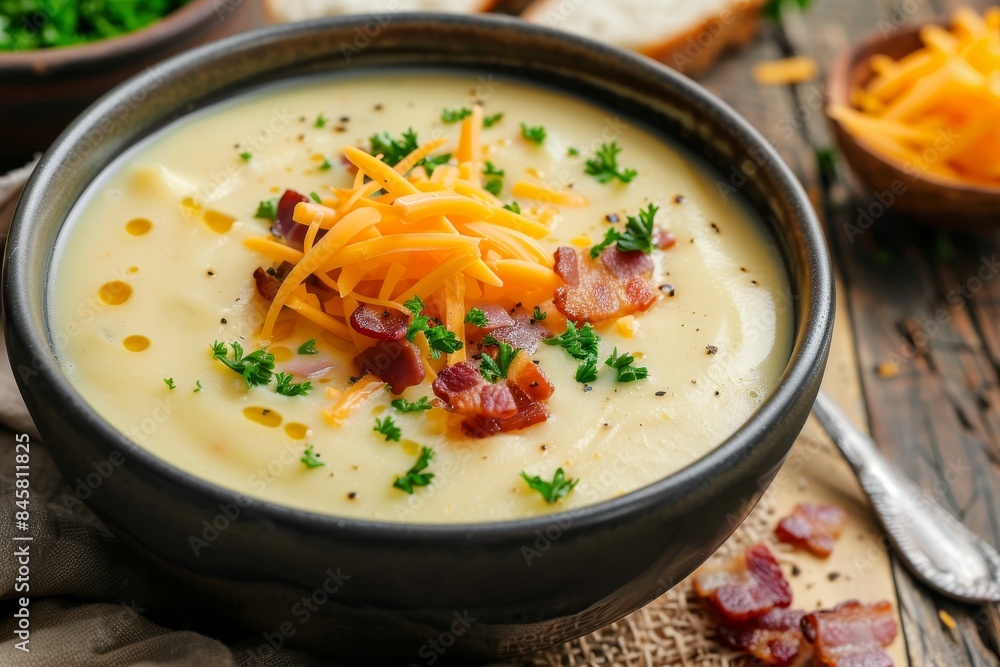 Close up of creamy potato soup with bacon and cheddar cheese on table Horizontal view Close up of creamy potato soup with bacon and cheddar cheese on table Horizontal view