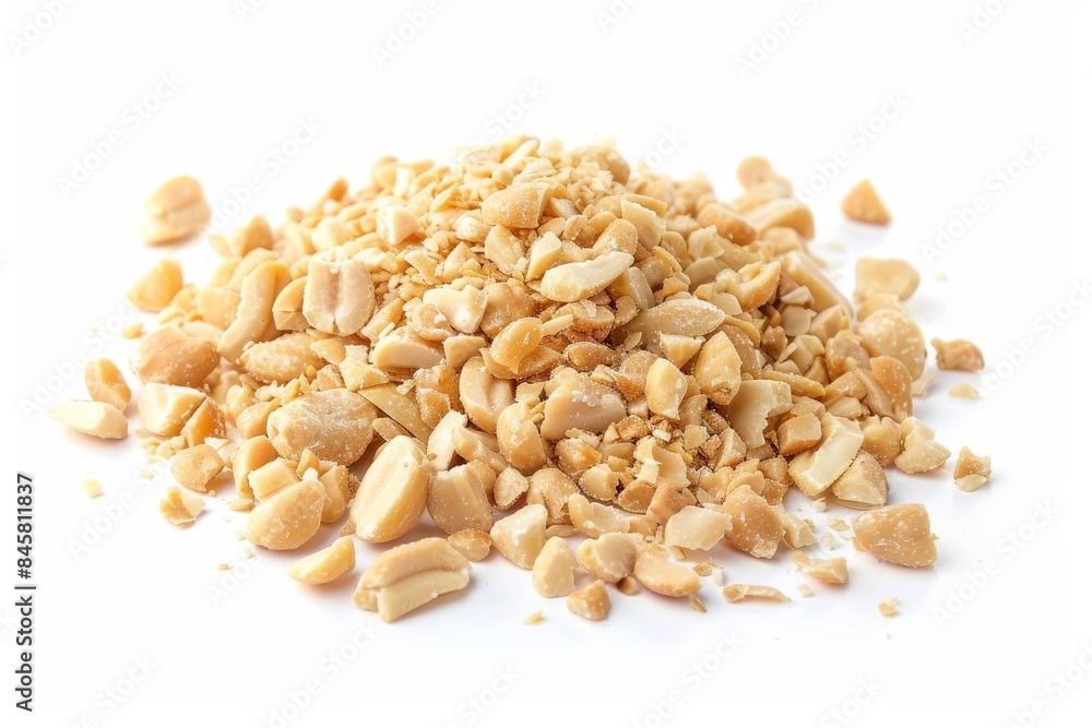Close up of crushed dried peanuts on white background Close up of crushed dried peanuts on white background