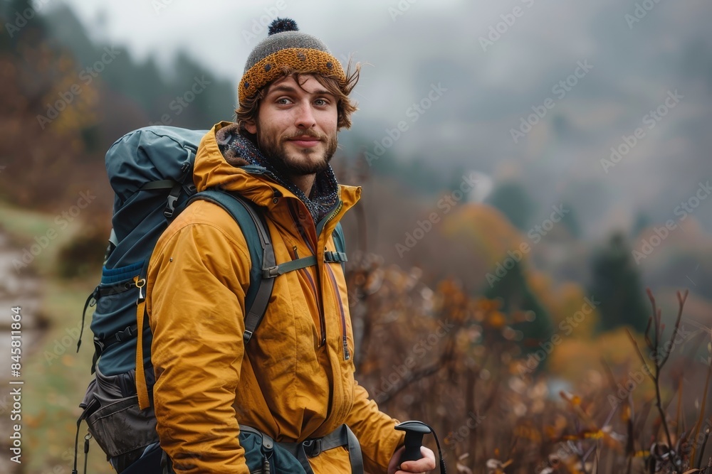 Bearded man enjoys a solitary hike in an autumn landscape carrying a large yellow backpack Bearded man enjoys a solitary hike in an autumn landscape carrying a large yellow backpack