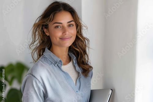 Casually dressed young woman holds a laptop and smiles warmly in front of a white wall