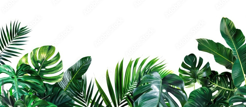 Banner design featuring a collection of tropical leaves set against a white backdrop. Banner design featuring a collection of tropical leaves set against a white backdrop.