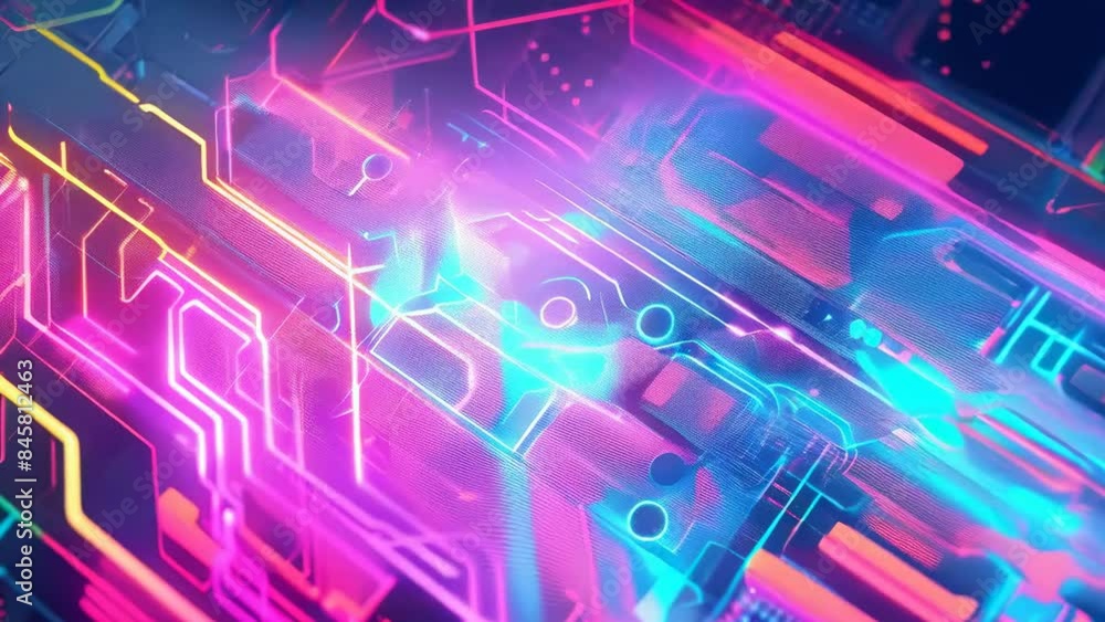 A colorful and vibrant depiction of a futuristic circuit board lit with neon lights. The intricate patterns and glowing elements give a high-tech, sci-fi feel. Perfect for tech-related themes. A colorful and vibrant depiction of a futuristic circuit board lit with neon lights. The intricate patterns and glowing elements give a high-tech, sci-fi feel. Perfect for tech-related themes.