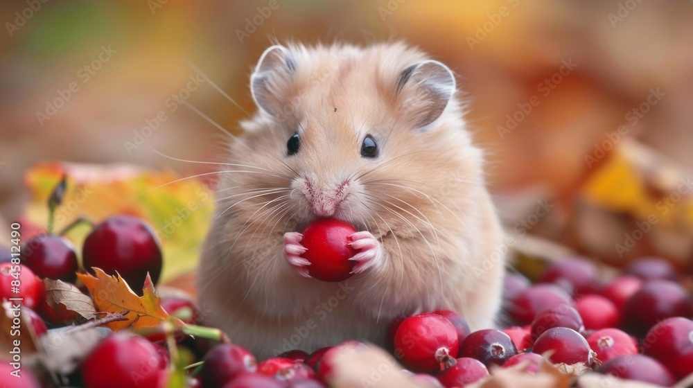 Cute hamster eating red berry