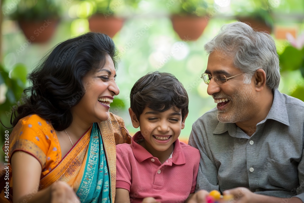An Indian family laughs together while playing a game. An Indian family laughs together while playing a game.