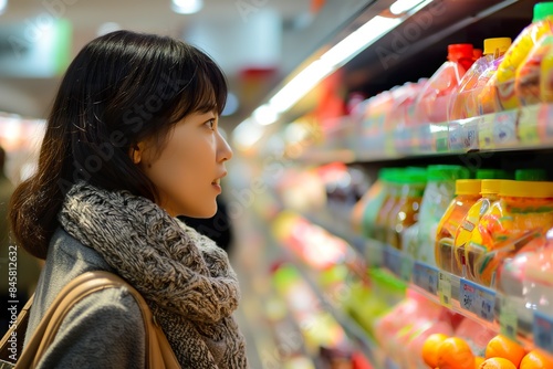 A woman looks intently at a shelf of beverages in a brightly lit Japanese grocery store.