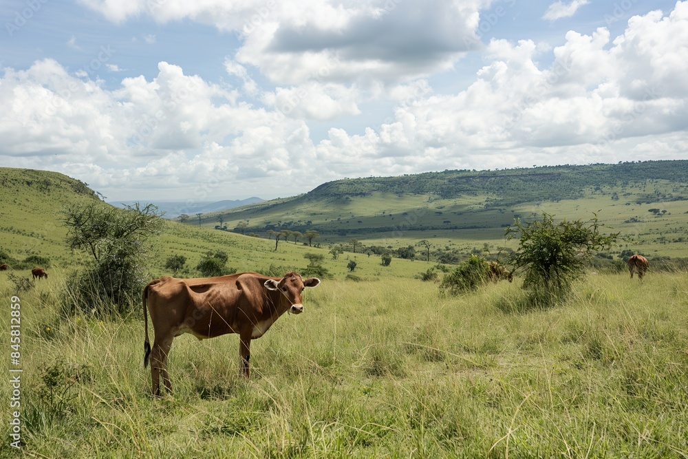A lone cow stands in a grassy field in Kenya, looking out over the vast savanna. The sky is blue and cloudy, and the landscape is dotted with trees and hills. A lone cow stands in a grassy field in Kenya, looking out over the vast savanna. The sky is blue and cloudy, and the landscape is dotted with trees and hills.