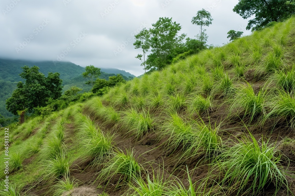 A hillside covered in rows of vetiver grass, planted to prevent soil ...