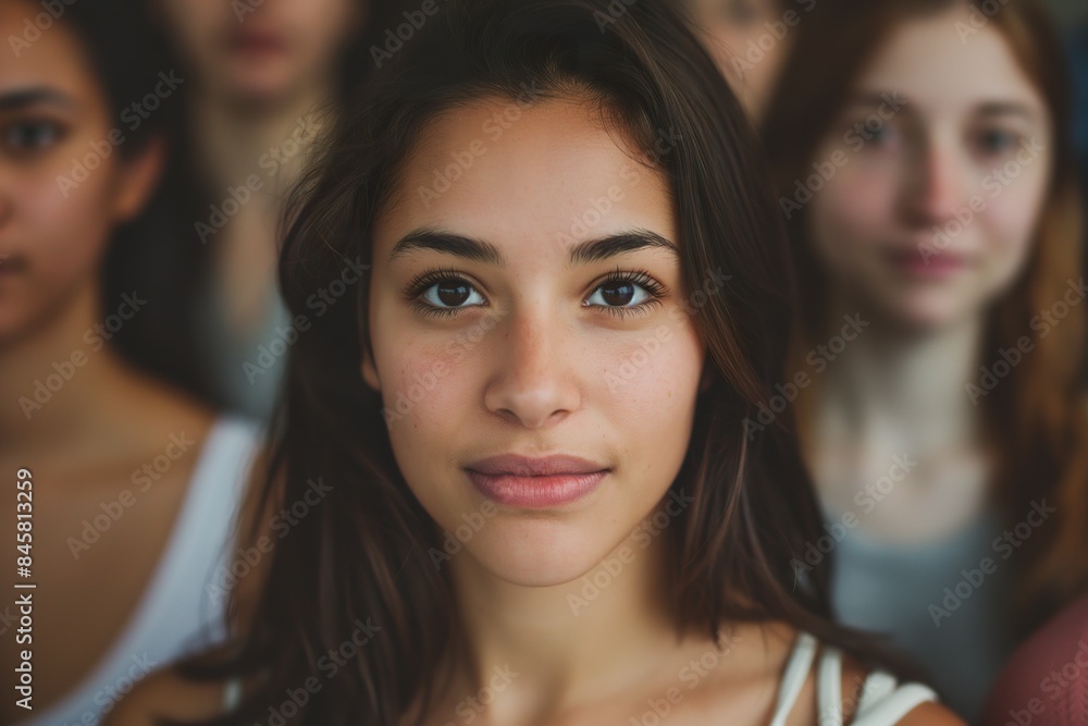 A close up portrait of a young woman with long dark hair, looking directly at the camera. Two other women are out of focus in the background. A close up portrait of a young woman with long dark hair, looking directly at the camera. Two other women are out of focus in the background.