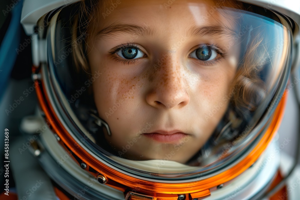Young prodigy focused in astronaut training with a helmet on. Young prodigy focused in astronaut training with a helmet on.