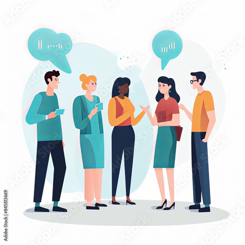 flat vector style illustration, a diverse group of people talking and collaborating, on white background 