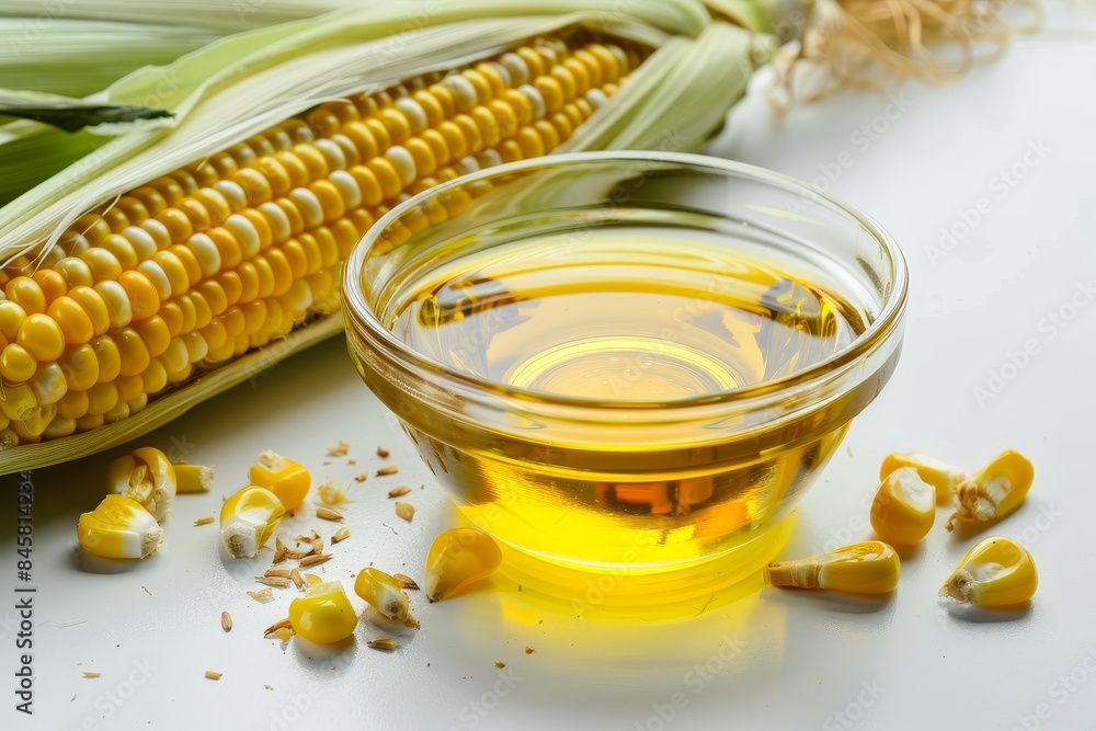 Cooking oil composition with corn cobs in glass bowl on white background Cooking oil composition with corn cobs in glass bowl on white background