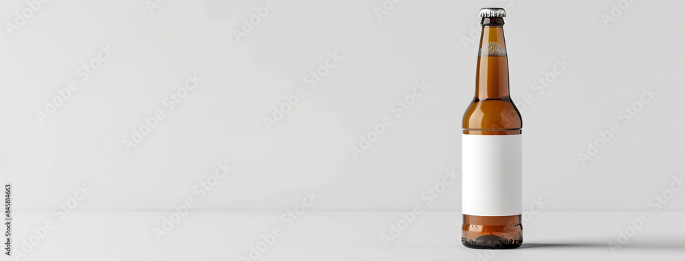 wide photo of isolated brown color transparent glass beer bottle mockup with full of beer on white color empty background wide photo of isolated brown color transparent glass beer bottle mockup with full of beer on white color empty background