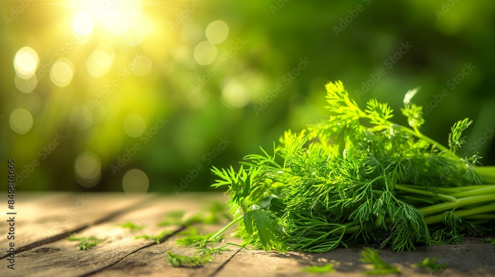 Close up of fresh green parsley leaves and dill on a wooden table with a blurred garden background, copy space for product display. Close up of fresh green parsley leaves and dill on a wooden table with a blurred garden background, copy space for product display.