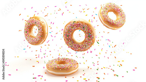 Donuts with sprinkles flying over. Various decorated doughnuts falling on white background.