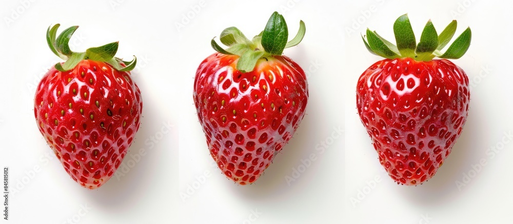 Close-up of three fresh strawberries on a white background. Close-up of three fresh strawberries on a white background.