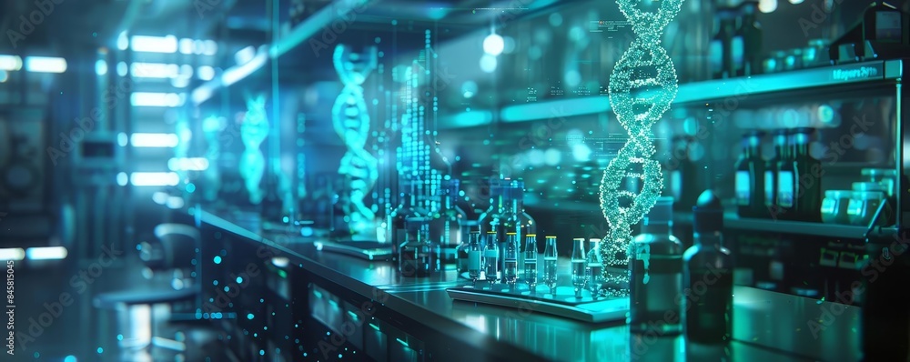 Biotechnology lab with glowing DNA helix holograms, scifi atmosphere, blue and green hues, 3D rendering Biotechnology lab with glowing DNA helix holograms, scifi atmosphere, blue and green hues, 3D rendering