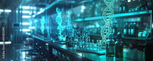 Biotechnology lab with glowing DNA helix holograms, scifi atmosphere, blue and green hues, 3D rendering