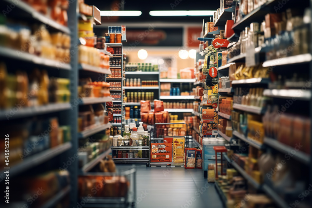 Abstract blurred supermarket aisle with colorful shelves and unrecognizable customers as background