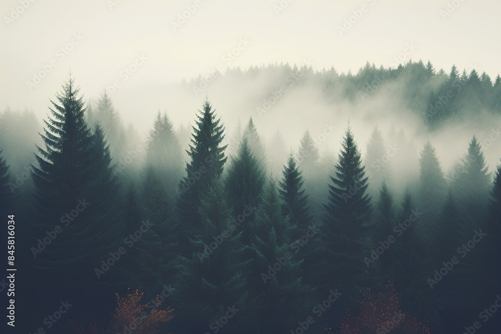 Foggy landscape with fir forest in retro vintage hipster style, nature concept