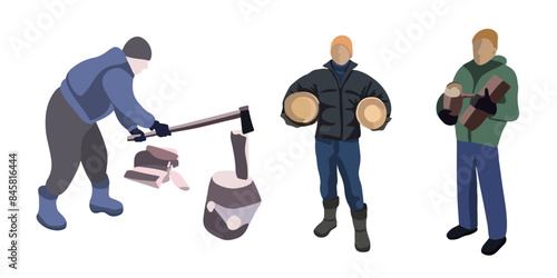 Set of men preparing firewood on a white background.