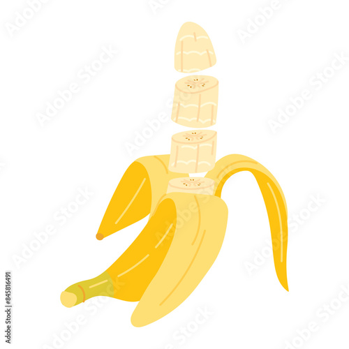 Fresh peeled and cut into pieces banana flying in the air. Hand drawn flat style Slice of fresh banana isolated on transparent. Exotic tropical fruit, healthy vegetarian food. Vector illustration.