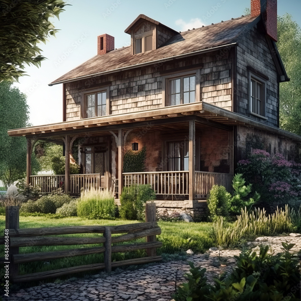 Wooden private house in Farmhouse architectural style with terrace. Wooden private house in Farmhouse architectural style with terrace.