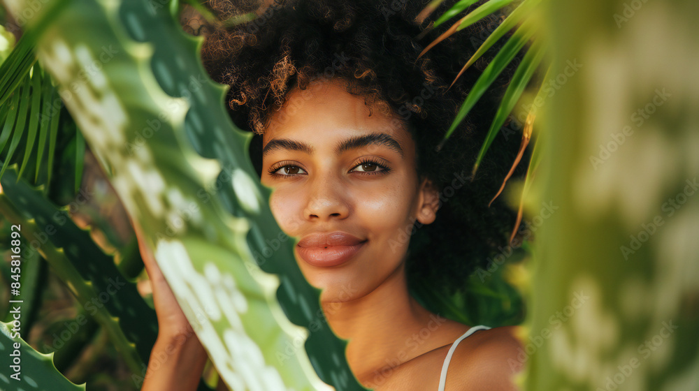 close up portrait of young beautiful afro american white dark hair woman behind aloe vera plant, natural and nourishing properties and Skin care. close up portrait of young beautiful afro american white dark hair woman behind aloe vera plant, natural and nourishing properties and Skin care.