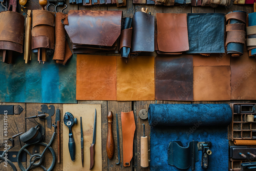 Leather craft or leather working. Piece of hide and working tools on a work table. Leather fabric sampler detail. Manufacturing concept Leather craft or leather working. Piece of hide and working tools on a work table. Leather fabric sampler detail. Manufacturing concept