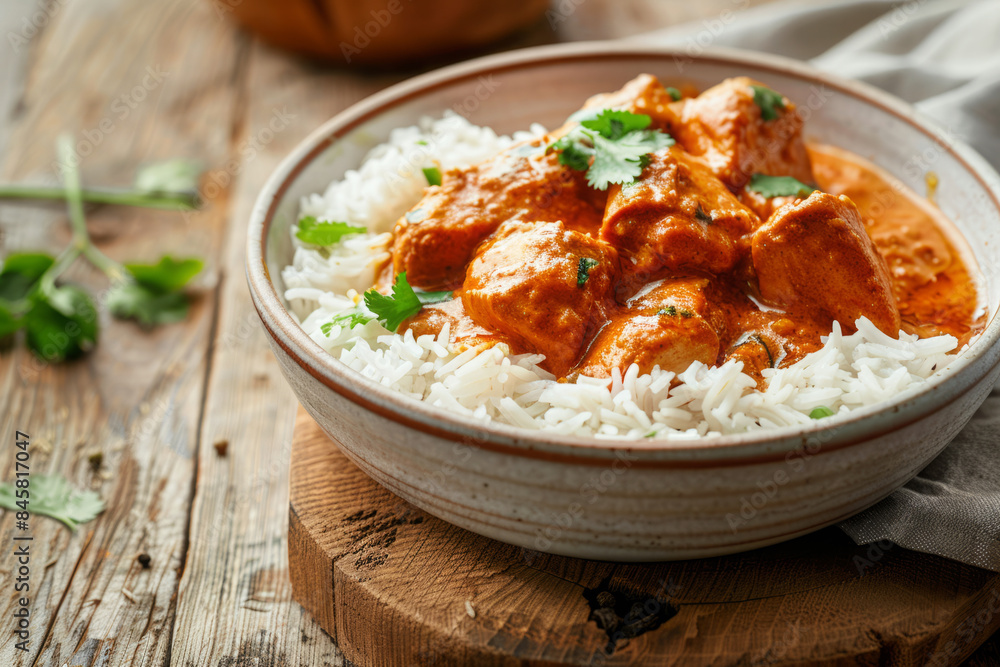 Tikka masala curry chicken served over rice in bowl on table. Traditional Indian food Tikka masala curry chicken served over rice in bowl on table. Traditional Indian food