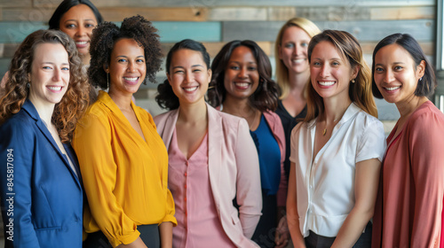 Women's Equality Day photoshoot, International Women's day photoshoot, group of diverse multiracial and multi ethnic female colleagues smiling