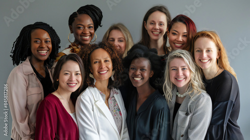 Women's Equality Day photoshoot, International Women's day photoshoot, group of diverse multiracial and multi ethnic female colleagues smiling