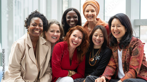 Women's Equality Day photoshoot, International Women's day photoshoot, group of diverse multiracial and multi ethnic female colleagues smiling