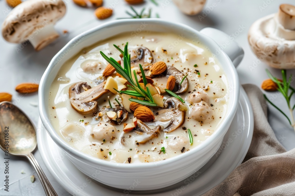 Cream of mushroom soup in white bowl garnished with almonds focused from above Cream of mushroom soup in white bowl garnished with almonds focused from above