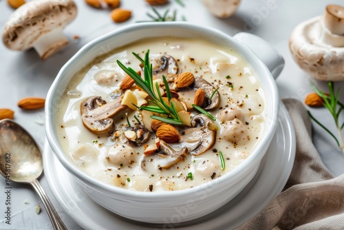 Cream of mushroom soup in white bowl garnished with almonds focused from above