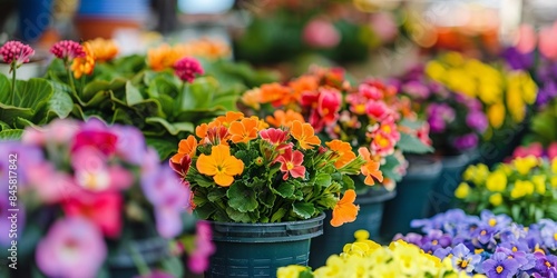 Colorful Spring Flowers in Pots at a Fair