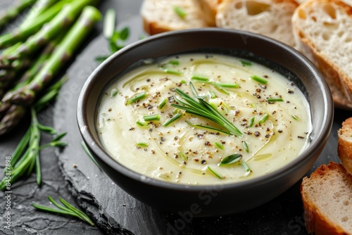 Creamy asparagus soup with bread on black background in focus